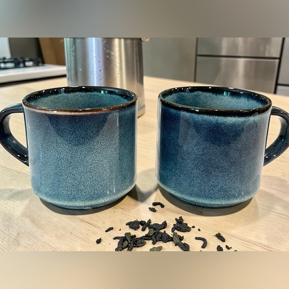 Set of 2 Blue Speckled Stoneware Coffee Mugs Reactive Glaze Pottery Style 12oz